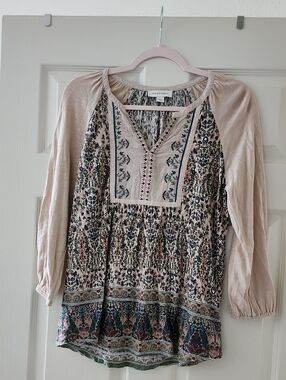 Vintage America Light Beige Tunic with Multi-Color Floral Embroidery